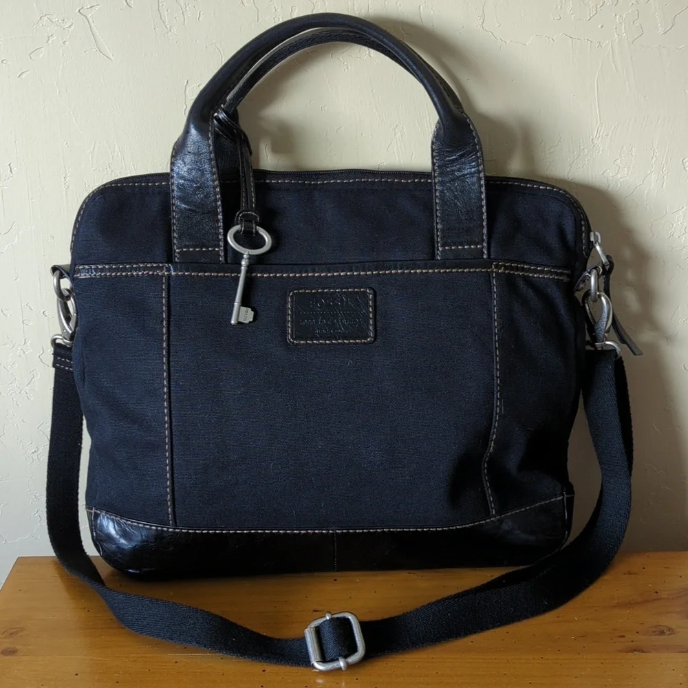 Fossil Black Lizette Canvas & Leather Crossbody Messenger Bag